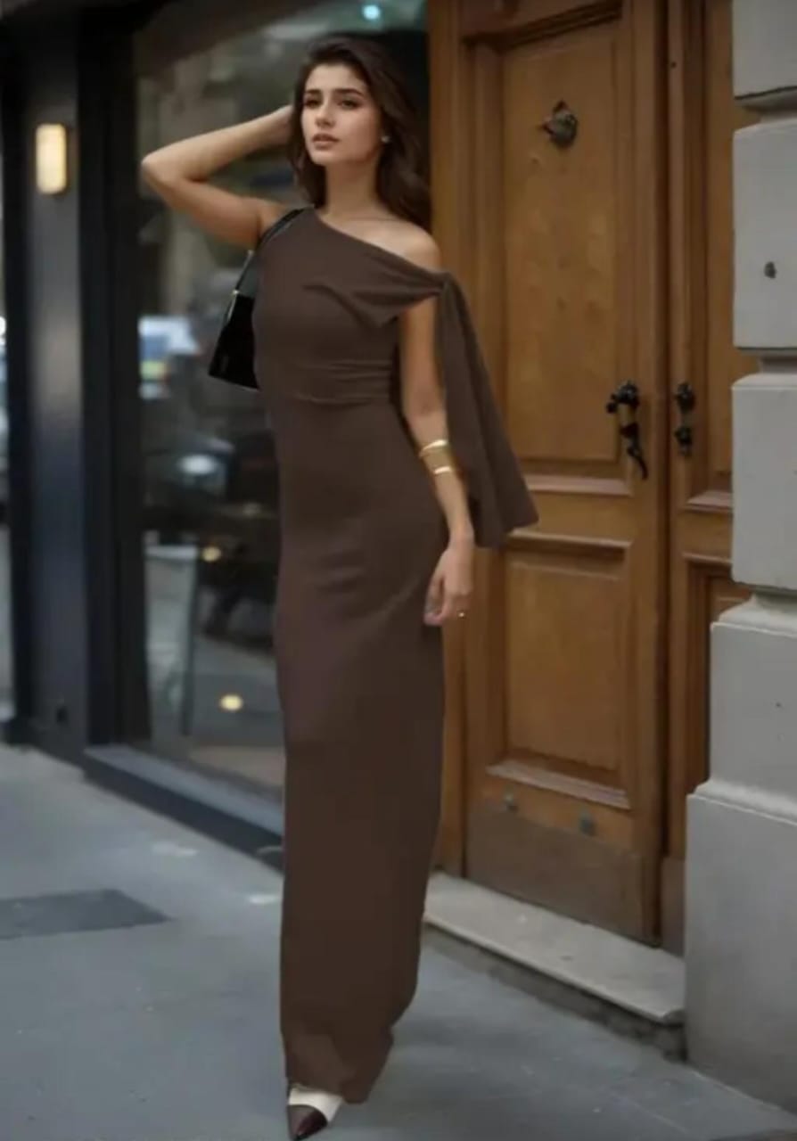 Brown Solid Tie Up Maxi Dress